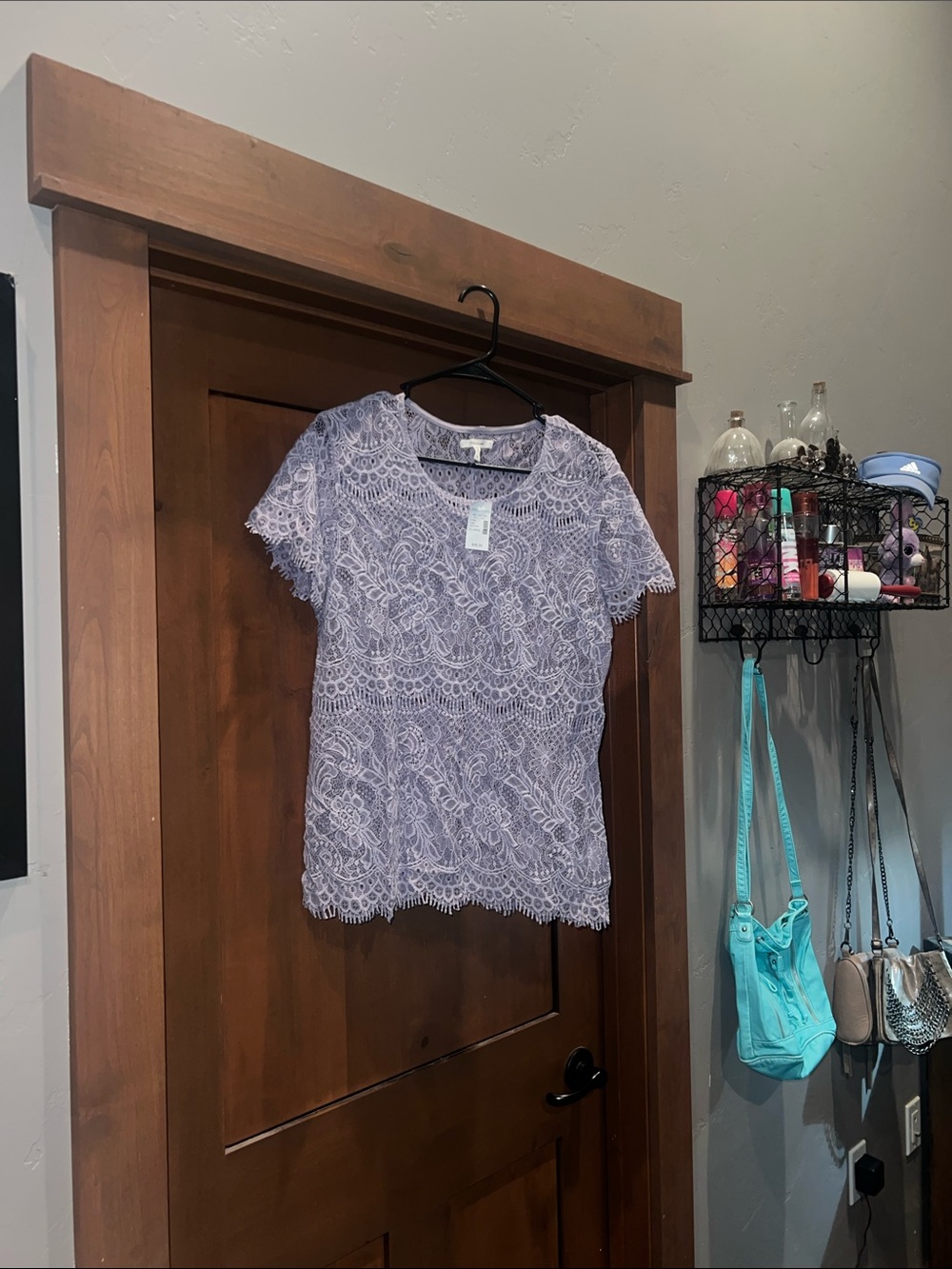 Maurices Lace Short Sleeve Top w/ Raw Hem & Partial Open Back-Light Purple